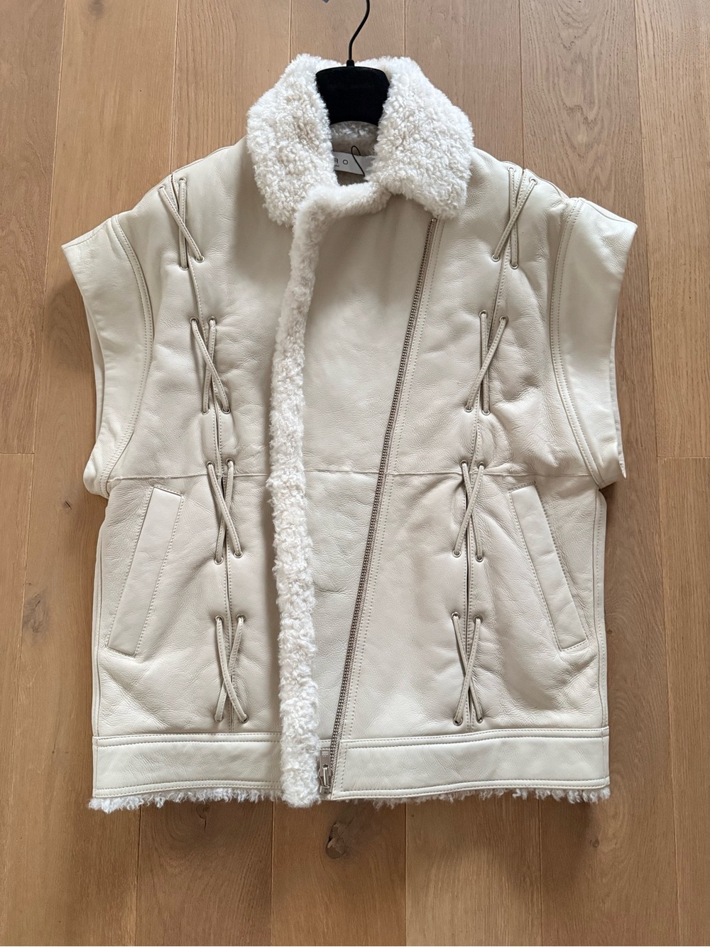Womens Cream Shearling-Trim Leather Vest